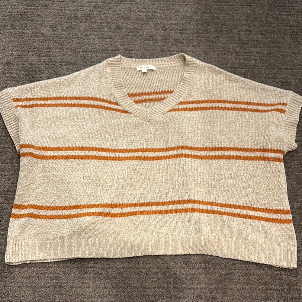 Striped V-Neck Sweater - Cream and Orange